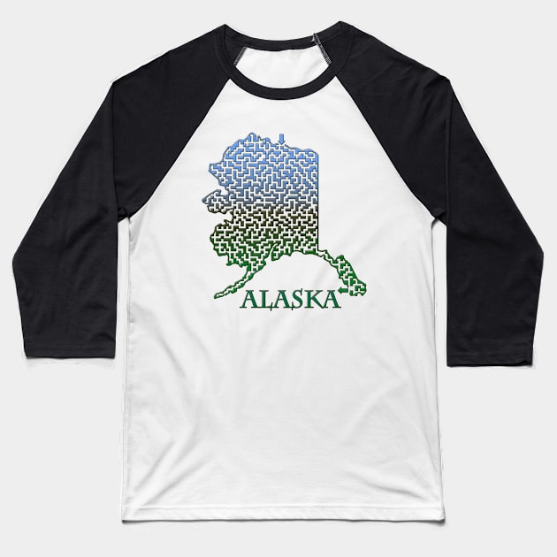 Alaska State Outline Mountain Themed Maze & Labyrinth Baseball T-Shirt by gorff